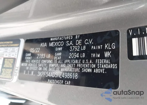 2022 Kia Forte Gt-Line из США, поврежденный, VIN 3KPF54AD5NE498618